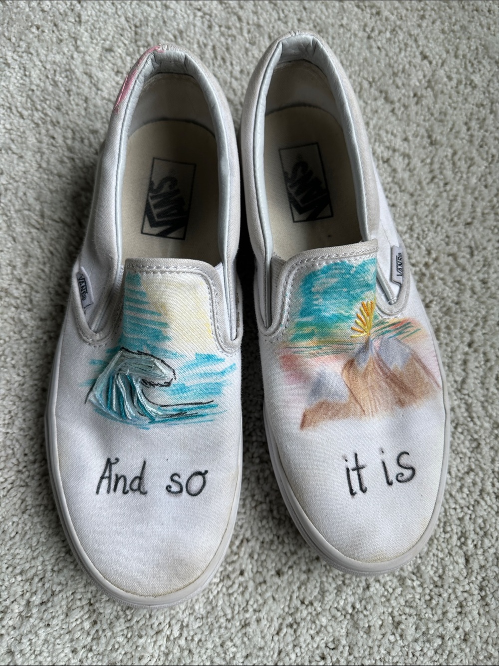 Vans White Canvas Slip-On Shoes with Hand-Painted Beach and Wave Art